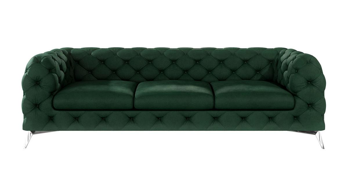 CHESTERFIELD-SOFA 3-Sitzer Laura Flasche Grün Samt - Smaragdgrün/Silberfarben, Holz/Textil (243/75/100cm) - S-Style Möbel