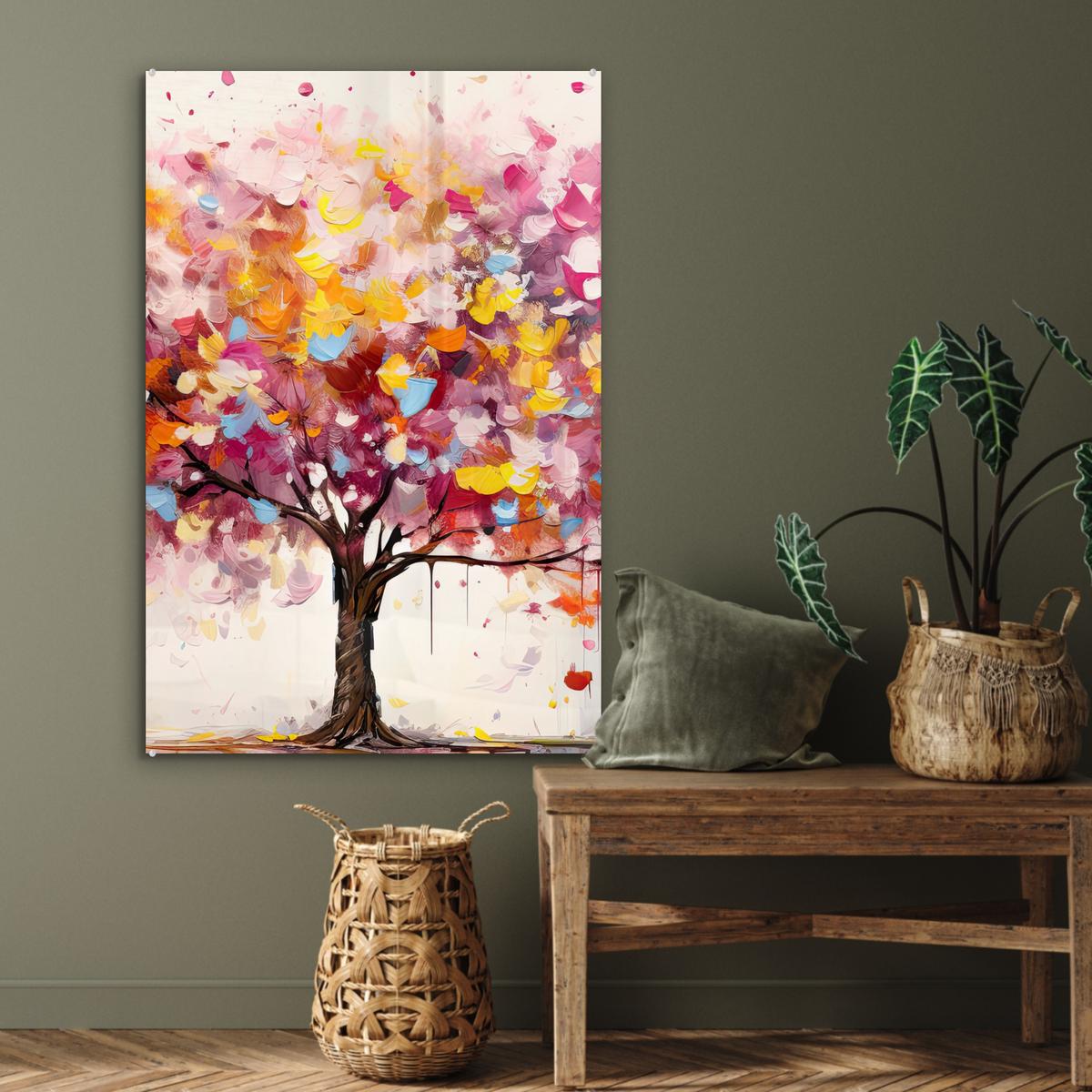 ACRYLGLASBILD Aquarell - Baum - Kunst - Abstrakt 80x120 cm - Multicolor, Glas (80/120cm) - MuchoWow