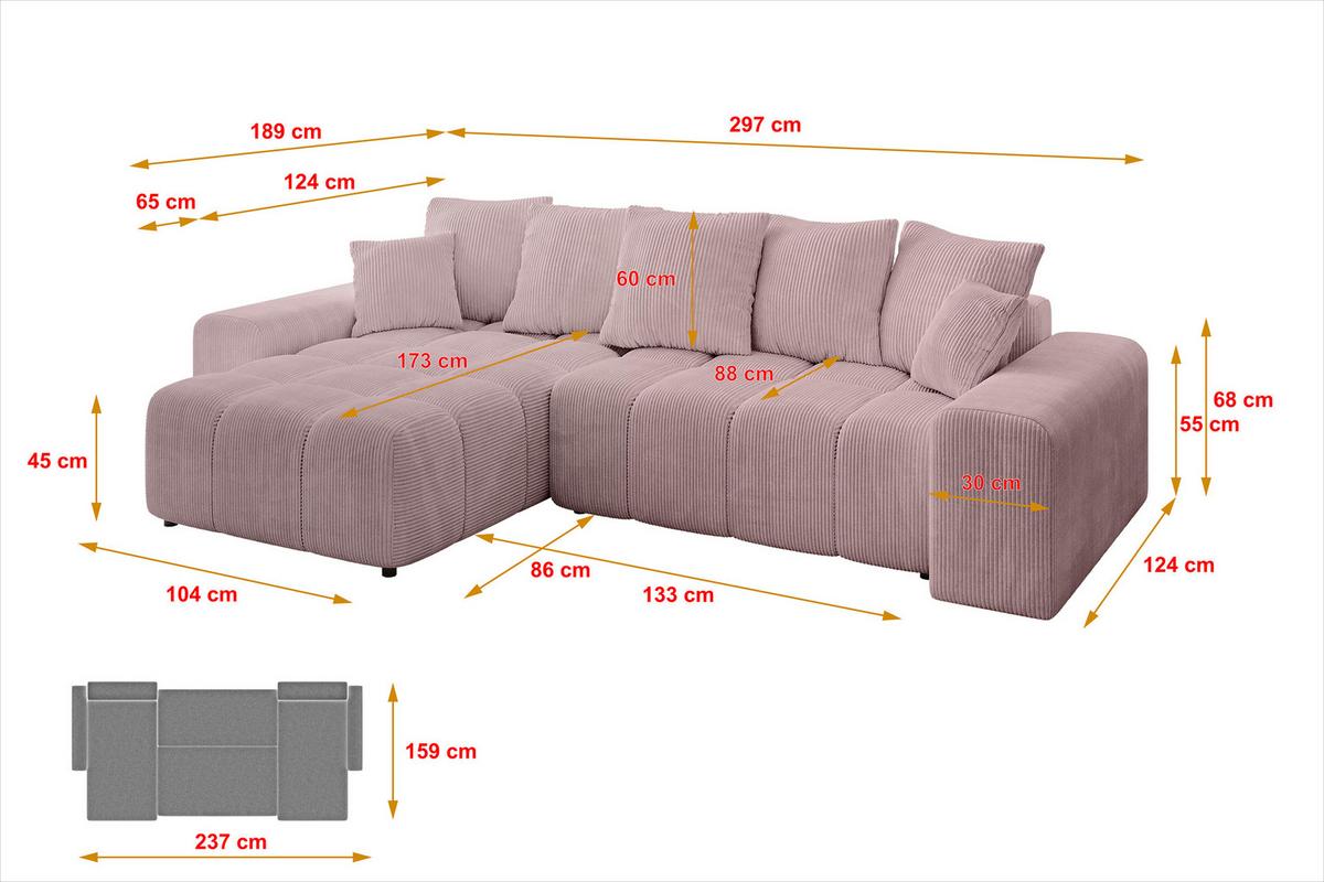 ECKSOFA Ottomane links ENIL-L 297x189x68 Rosa Cord - Rosa, Holzwerkstoff/Kunststoff (297/189cm) - ALTDECOR
