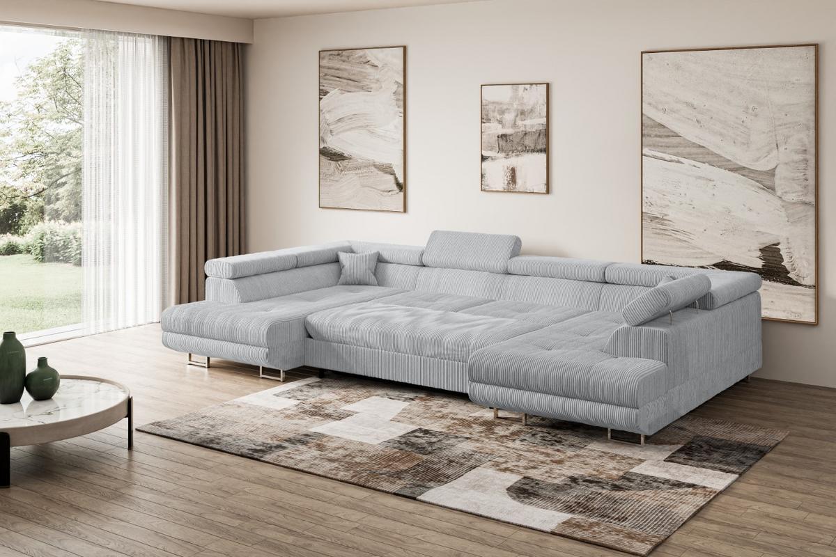 WOHNLANDSCHAFT mit Schlaffunktion und Bettkasten GUSA-U 342x202x107 cm Grau Cord - Silberfarben/Grau, Holzwerkstoff/Textil (342/107/202cm) - ALTDECOR