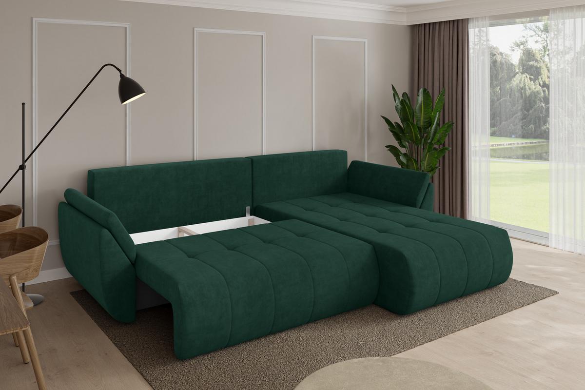 ECKSOFA mit Schlaffunktion Ottomane Rechts TOKO-L 277x194x86 Grün Velours - Schwarz/Grün, Holzwerkstoff/Kunststoff (277/194cm) - ALTDECOR