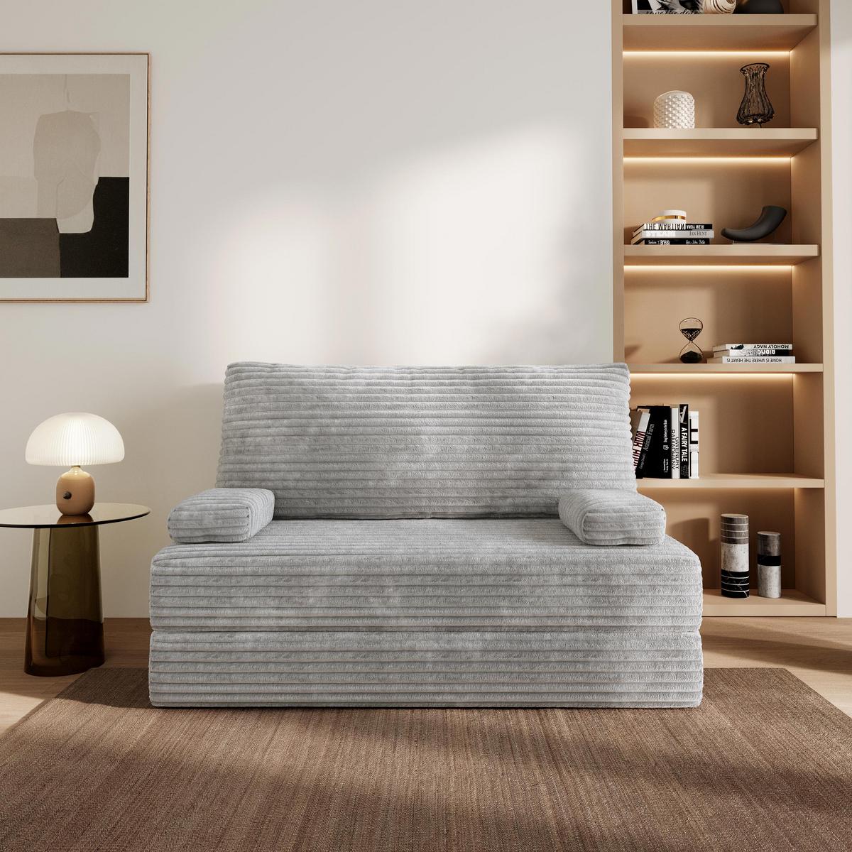 BETTSOFA LADIA aus Schaumstoff Kordstoff Hellgrau Schlaffunktion - Grau, Textil (140/86/60cm) - MASSENO