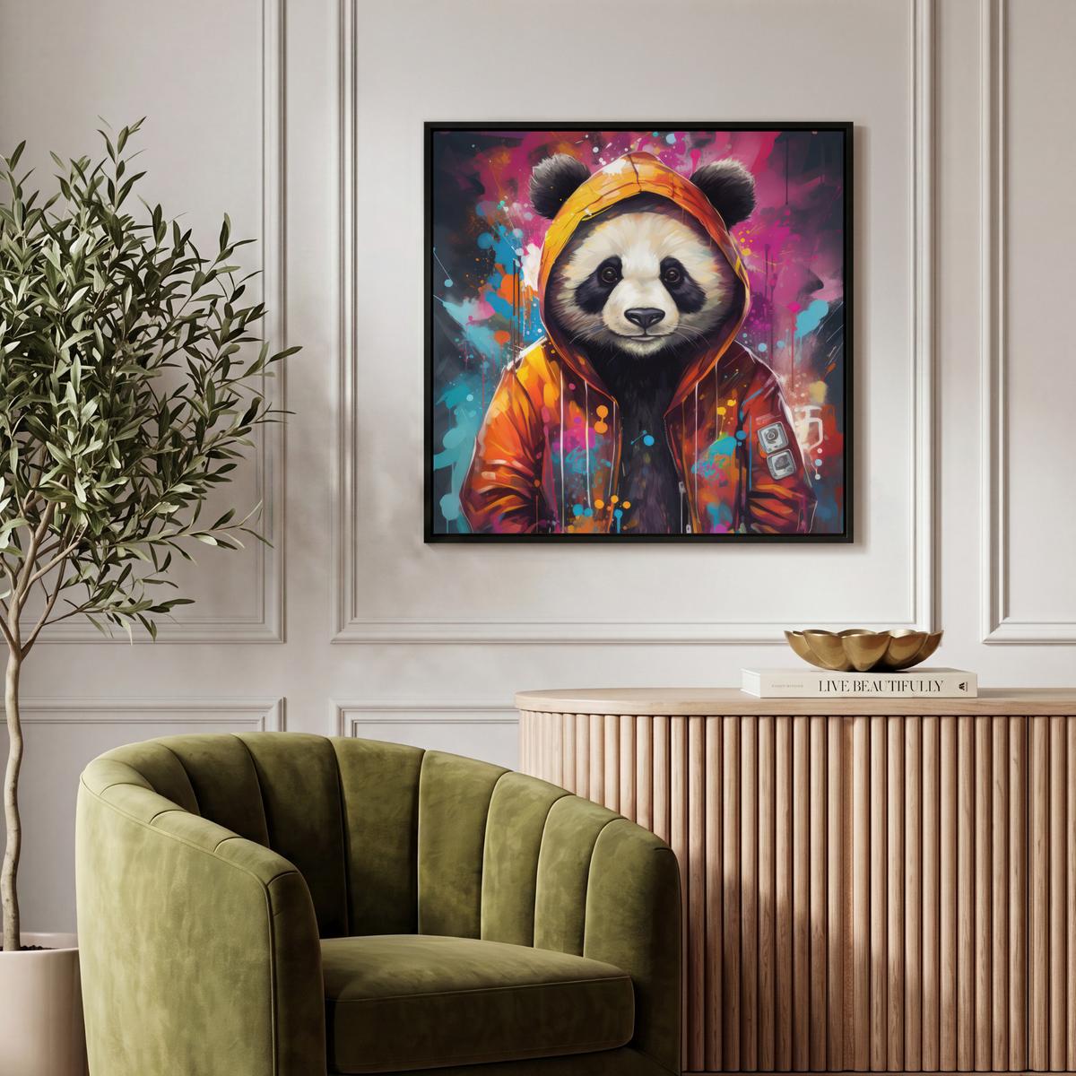 LEINWAND Bilder mit Rahmen - Panda - Jacke - Graffiti - Orange - 50x50 - Orange, Textil (50/50cm) - MuchoWow