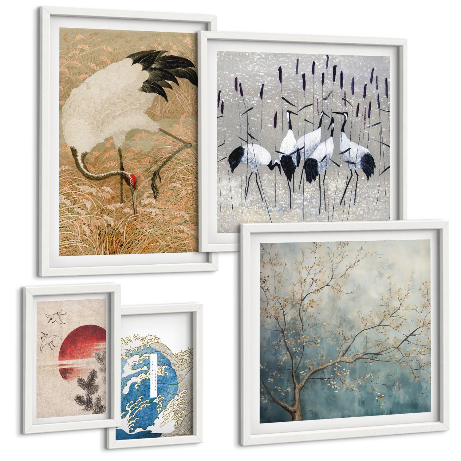 BILDER SET 5er Set - 50x50 cm & 20x30 cm & 40x60 cm Weißer Rahmen - Japanische Kraniche Landschaft - Weiß, Kunststoff (40/60cm) - TULUP