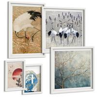 BILDER SET 5er Set - 50x50 cm & 20x30 cm & 40x60 cm Weißer Rahmen - Japanische Kraniche Landschaft - Weiß, Kunststoff (40/60cm) - TULUP