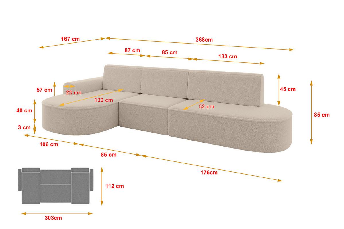 ECKSOFA mit Schlaffunktion Ottomane Links MARI L2-S 368X167X85 Dunkelbeige Bouclé - Hellbraun/Schwarz, Holzwerkstoff/Kunststoff (368/167cm) - ALTDECOR
