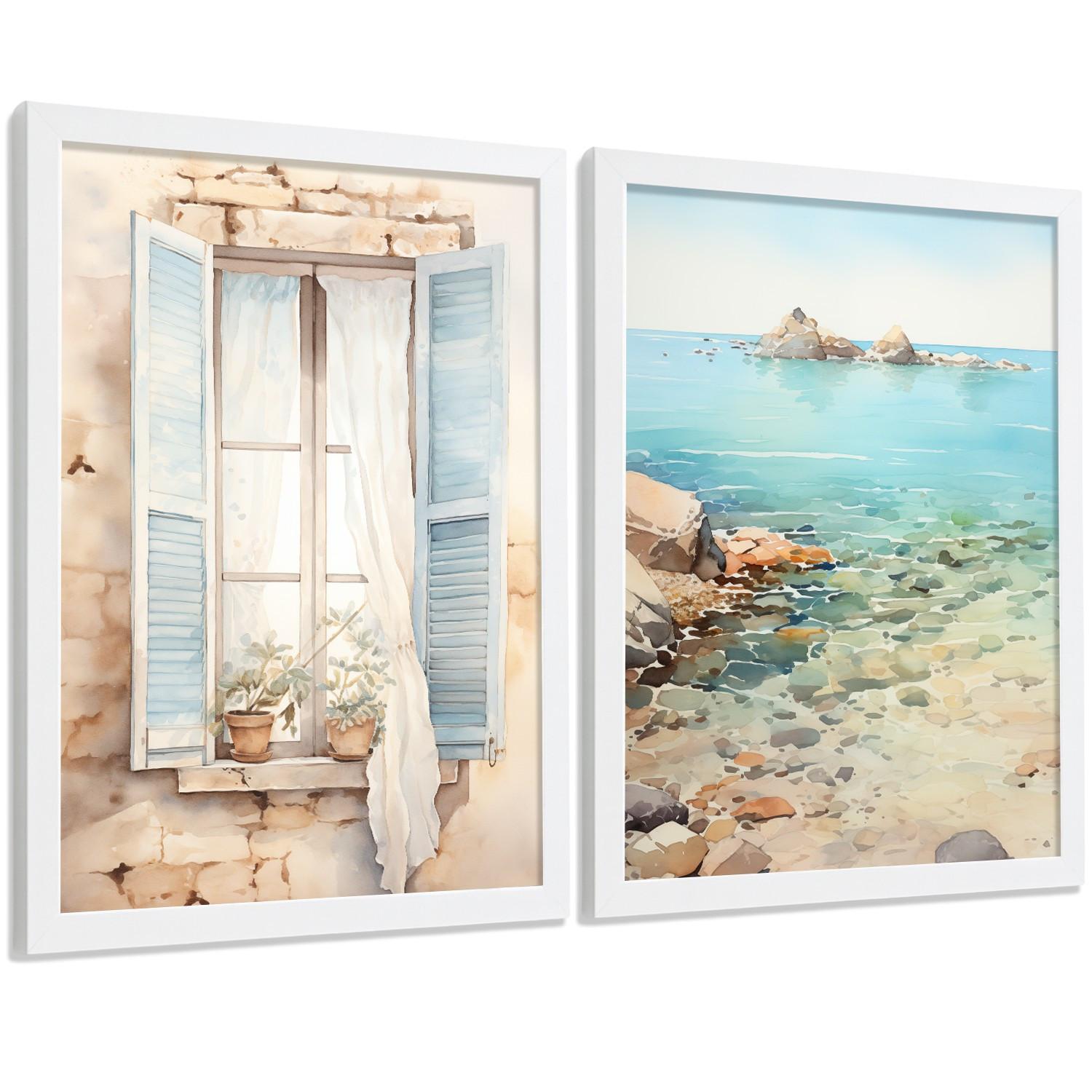 POSTER 3er Bilder-Set Wandbilder Meer Relax modern ohne Rahmen – Wohnzimmer Deko, Schlafzimmer, Küche, Badezimmer Weißer Rahmen A4 - Weiß, Papier (29.7/1/21cm) - Nacnic