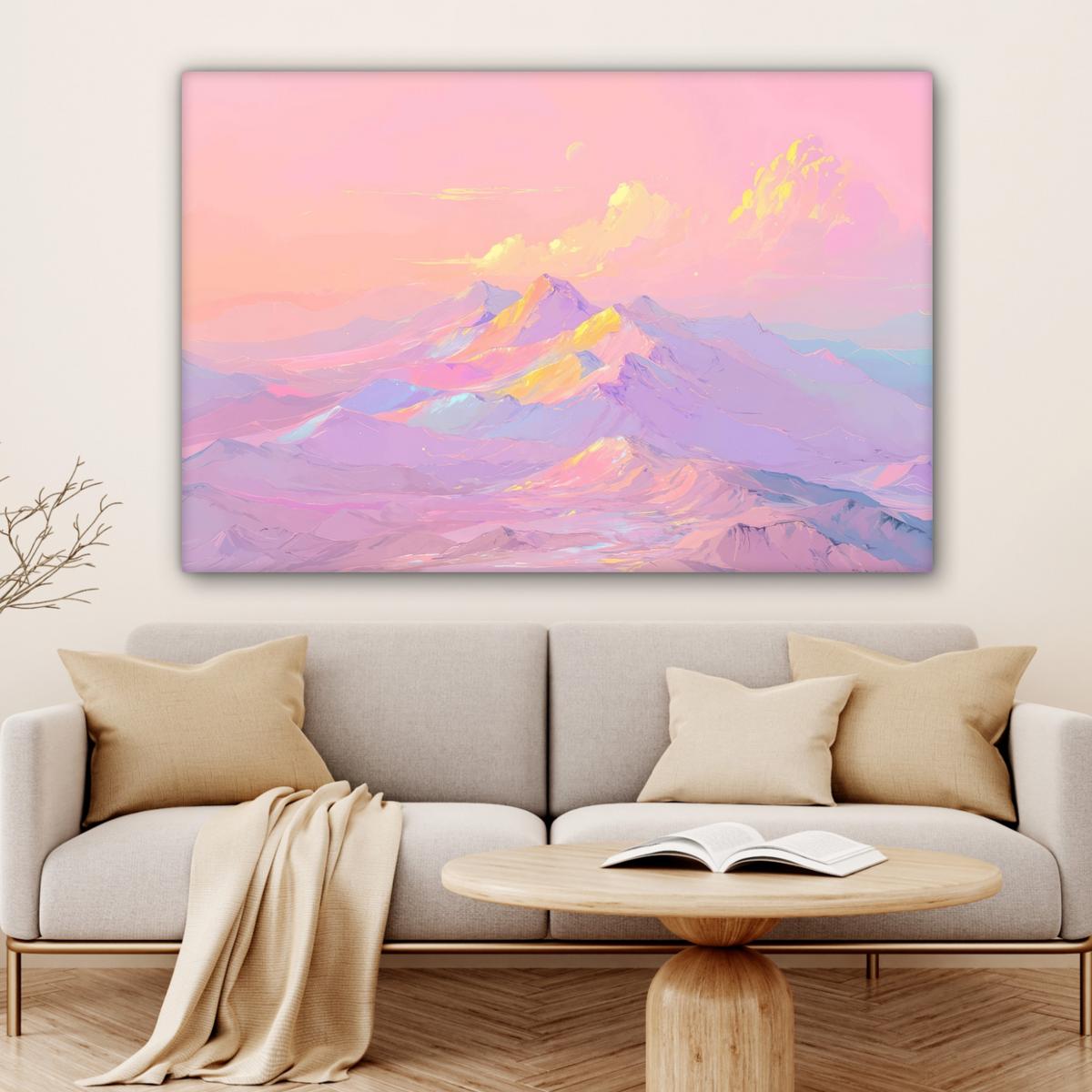 LEINWANDBILD Berggipfel - Wolken - Verträumt Wohnzimmer Groß 120x80 cm - Hellrosa, Textil (120/80cm) - MuchoWow