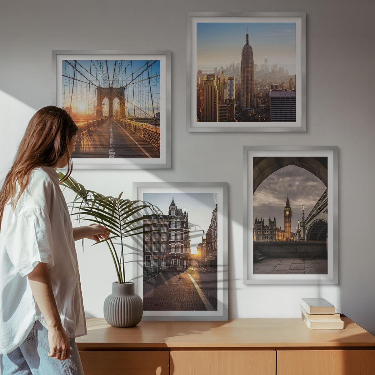 BILDER SET 4er Set - 50x50 cm & 40x60 cm Silberner Rahmen - London-Ansichtsgemälde-Set - Silberfarben, Kunststoff (50/50cm) - TULUP