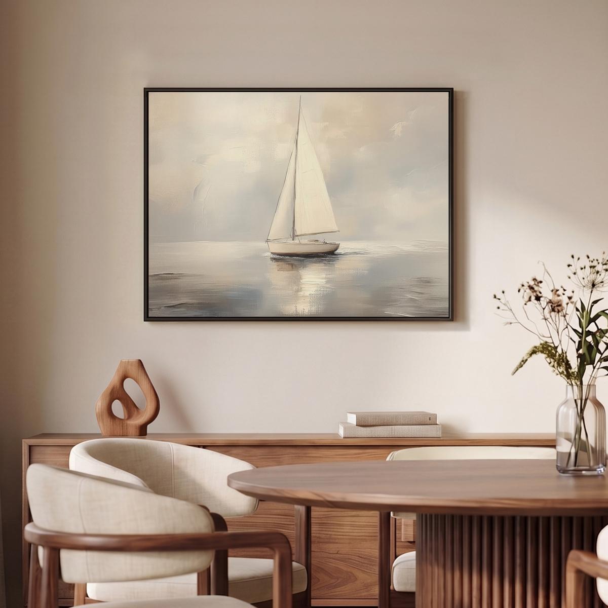 LEINWAND Bilder mit Rahmen - Segelschiff - Meer - Bewölkt - 70x50 - Creme, Textil (70/50cm) - MuchoWow