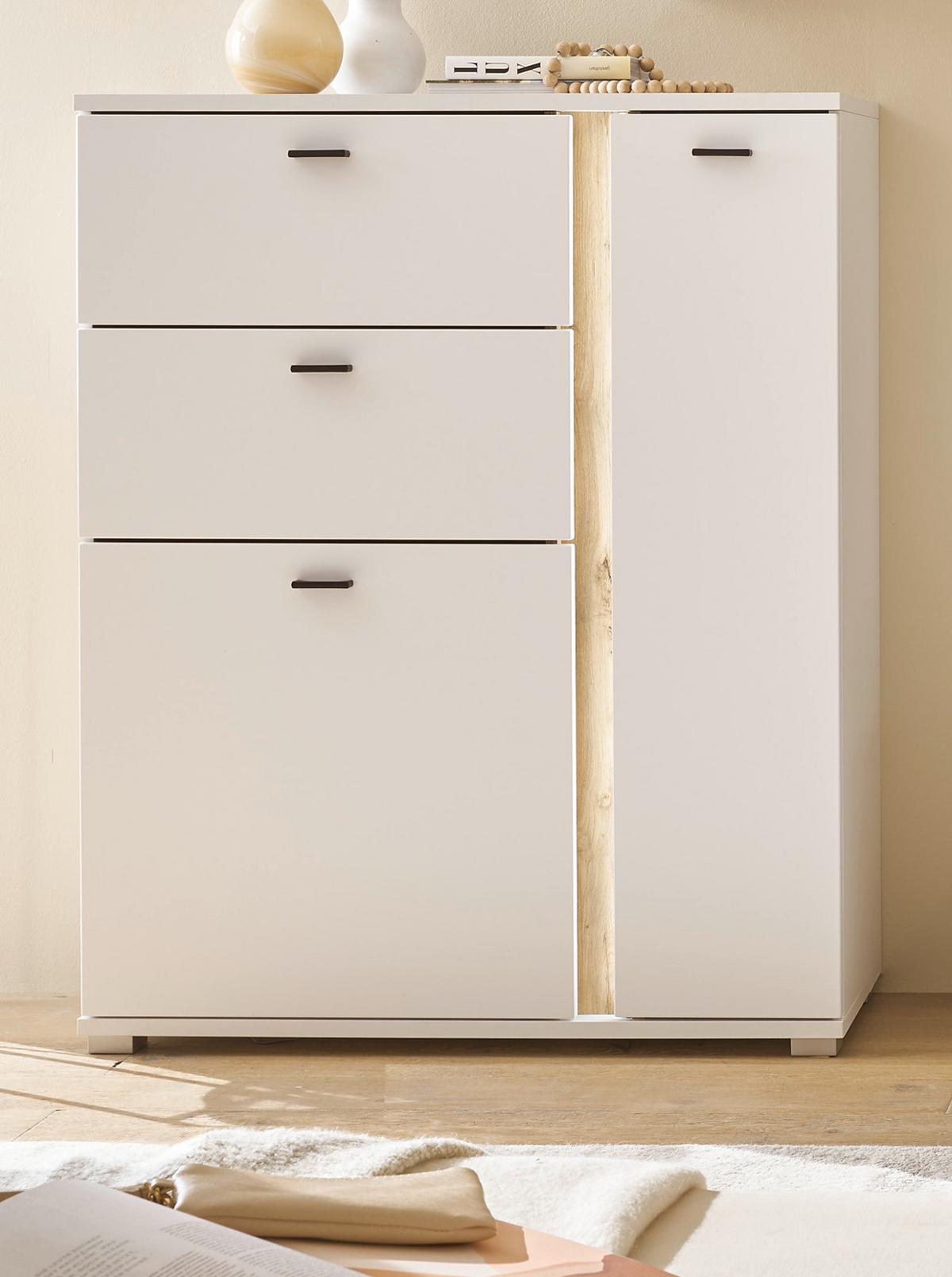 HIGHBOARD weiß matt, Eiche Wotan 100 x 125 cm, Kommode inklusive Frontbeleuchtung - Eiche Wotan/Silberfarben, Holzwerkstoff/Kunststoff (100/125/42cm) - Furn.Design