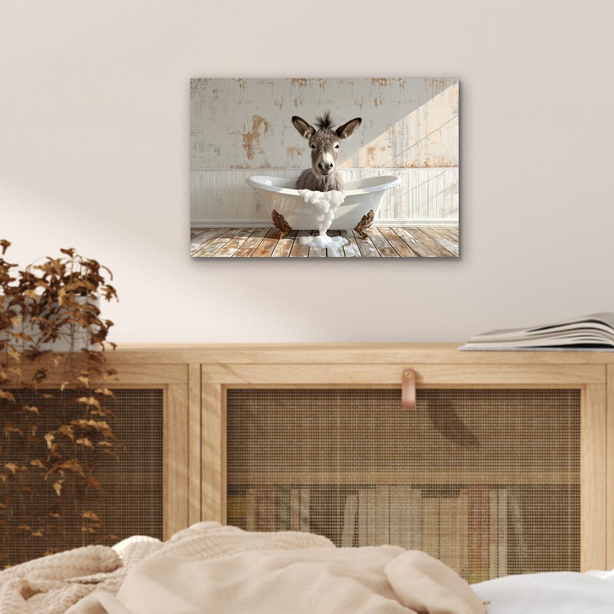 METALLBILD Esel - Tiere - Badewanne - Schaumstoff 30x20 cm - Weiß, Metall (30/20cm) - MuchoWow