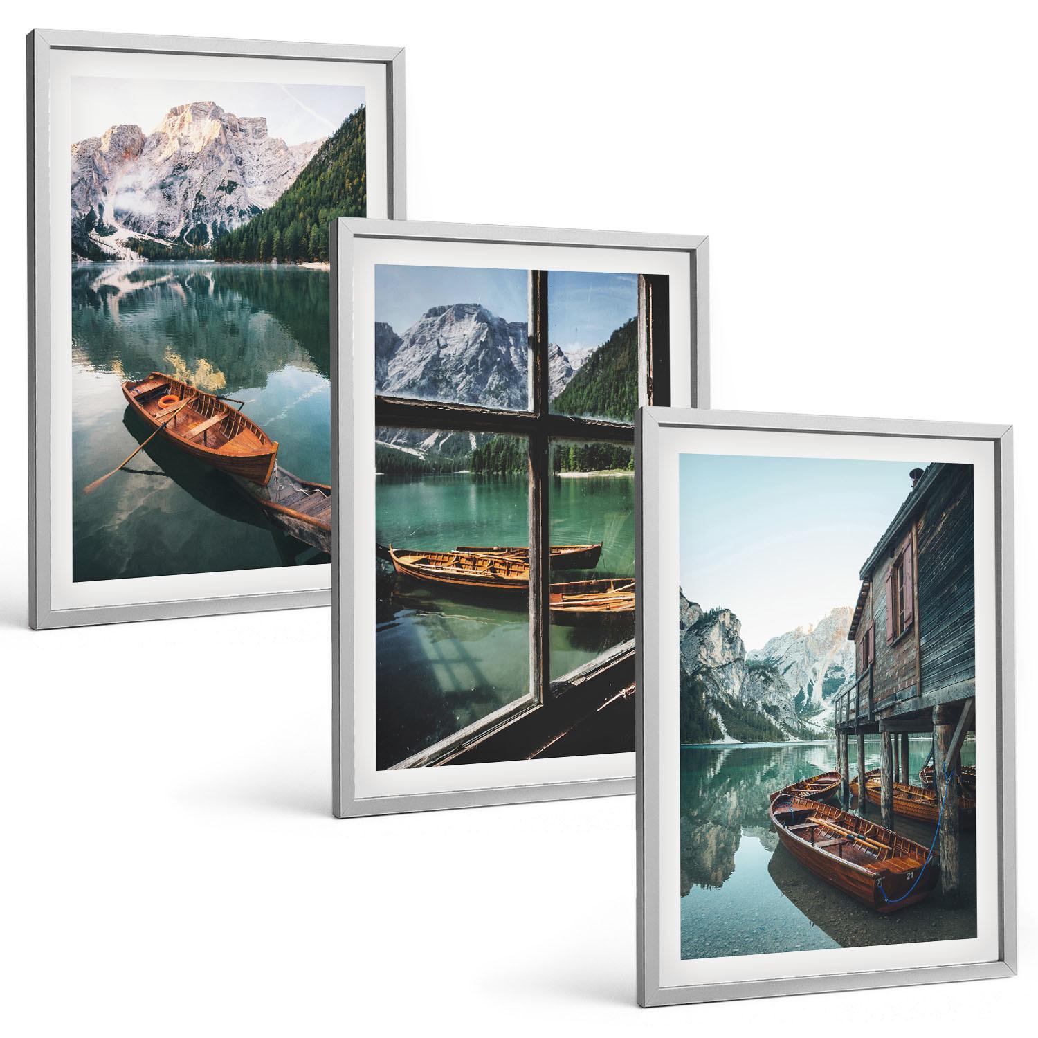 BILDER SET 3er Set - 40x60 cm Silberner Rahmen - Bootshaus am Bergsee - Silberfarben, Kunststoff (40/60cm) - TULUP