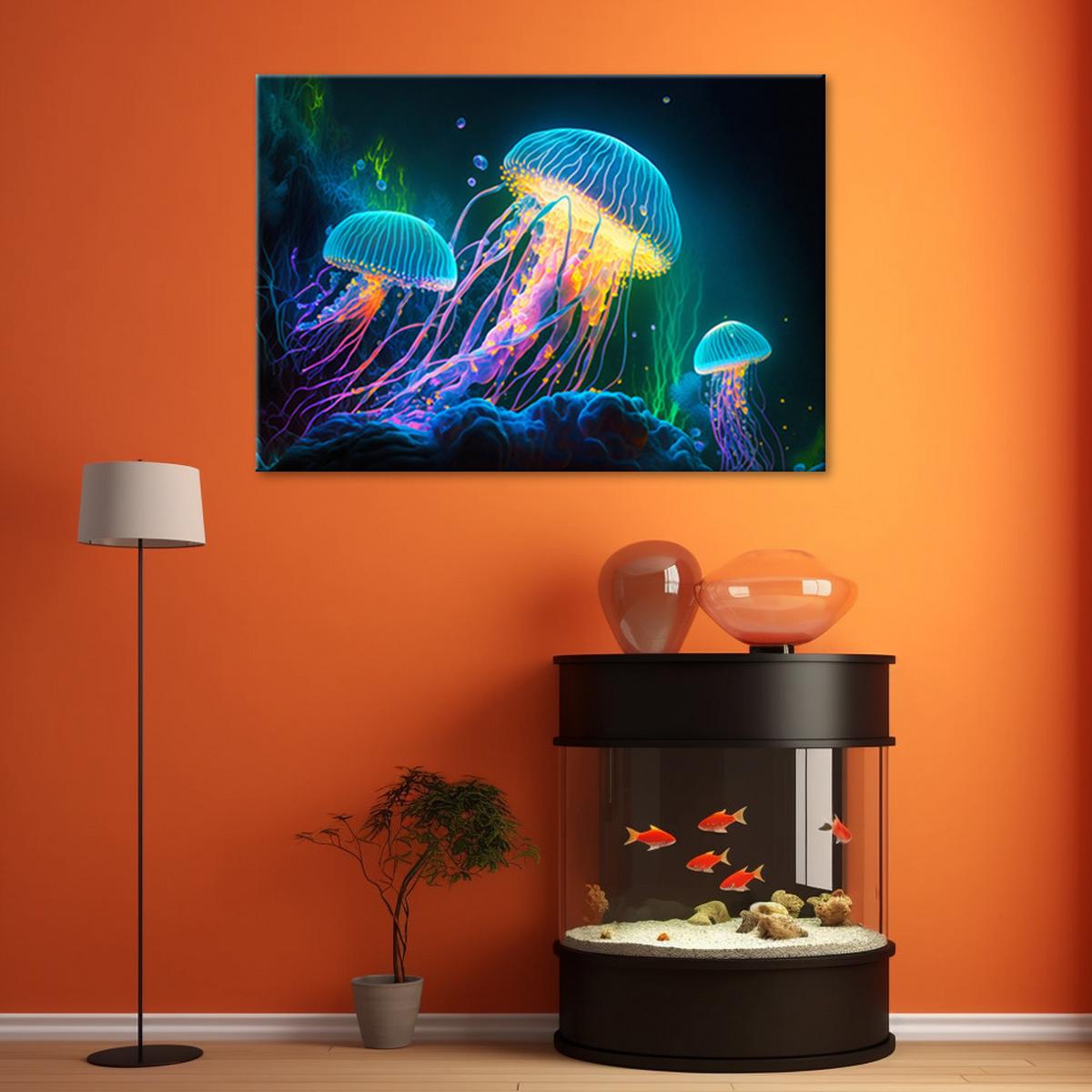 WANDBILD neon qualle unter wasser - Multicolor, Textil (60/40cm) - Feeby