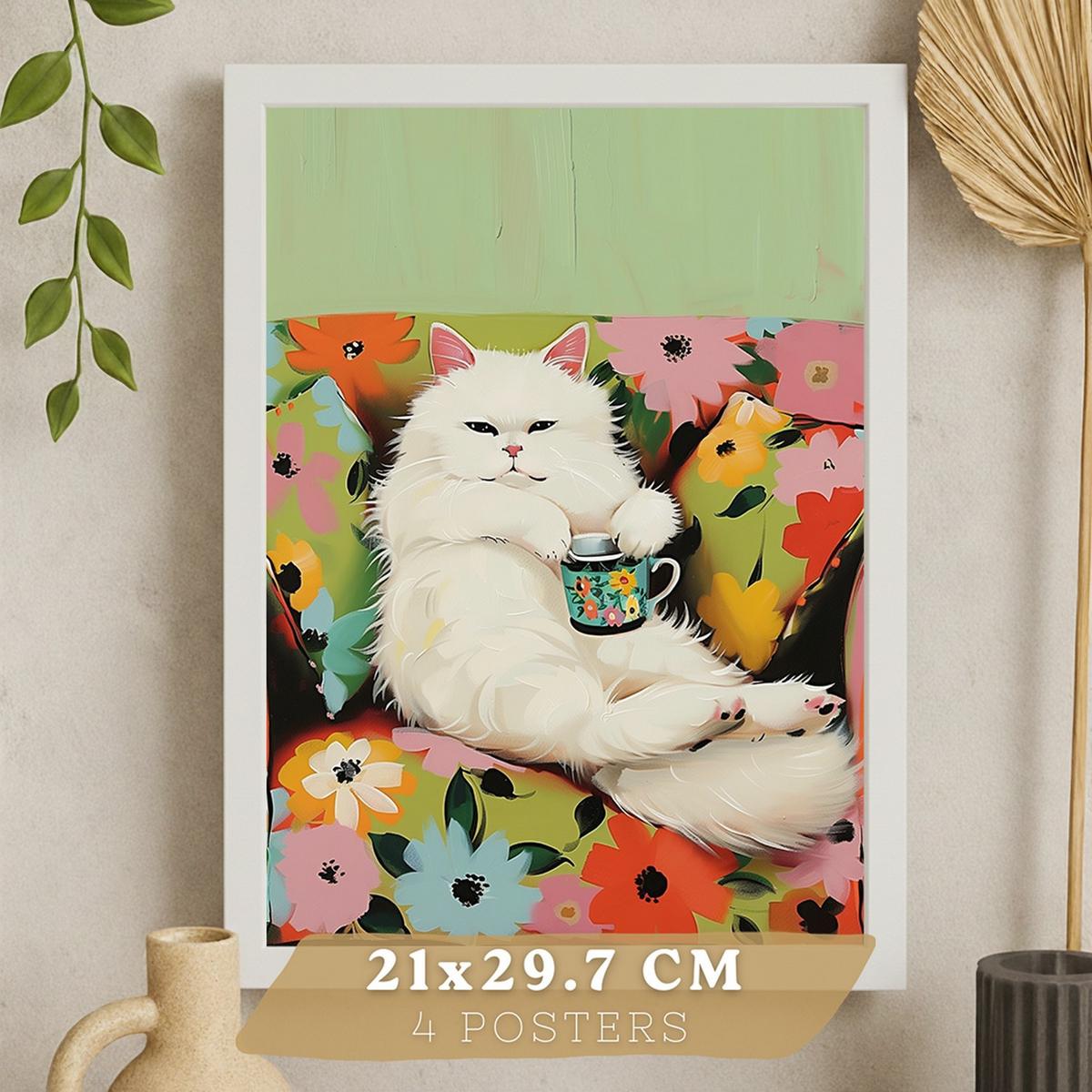 POSTER 4er Kunstdruck-Set Wandbilder Katzen modern Wohnzimmer Deko, Schlafzimmer, Küche, Badezimmer Rahmenlos A3 - Weiß, Papier (29.7/1/42cm) - Nacnic