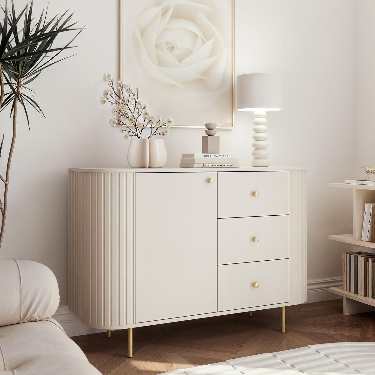 KOMMODE OVALINE 123 cm, 3 Schublade(n) Sandbeige - Beige, Holzwerkstoff/Metall (123/85/42cm) - Idohome