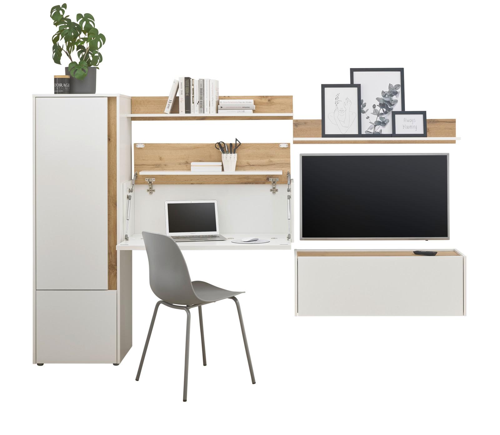 WOHNWAND Sekretär weiß, Wotan Eiche, Wohnkombination 5-teilig 250 cm - Eiche Wotan/Silberfarben, Holzwerkstoff/Kunststoff (250/157/40cm) - Furn.Design