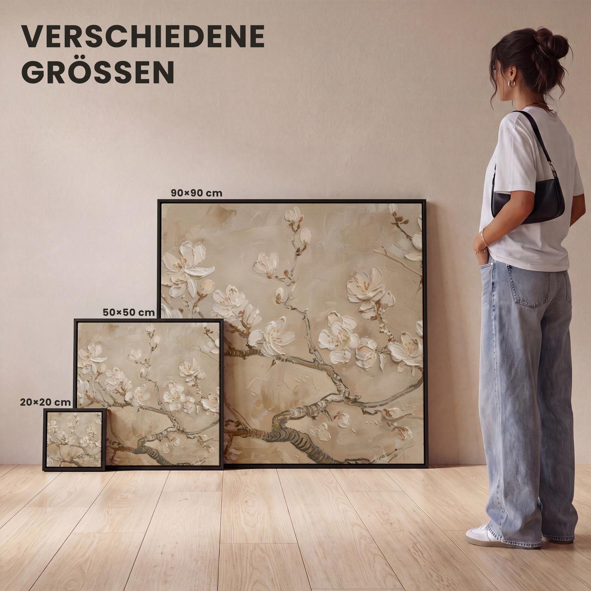 LEINWAND Bilder mit Rahmen - Blumen - Modern - Beige - Weiß - Blüte - 50x50 - Beige, Textil (50/50cm) - MuchoWow