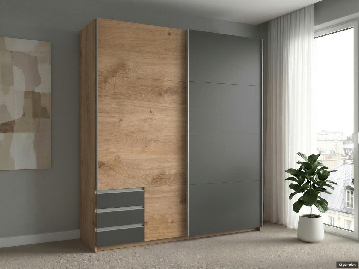 SCHWEBETÜRENSCHRANK 2-türig B179/H198/T65 cm, Kleiderschrank in Eiche Dekor, 1x Tür & sichtbare Schubkästen in Grafit / 22692 - Eichefarben/Graphitfarben, Holz/Holzwerkstoff (179/198/65cm) - luma-home