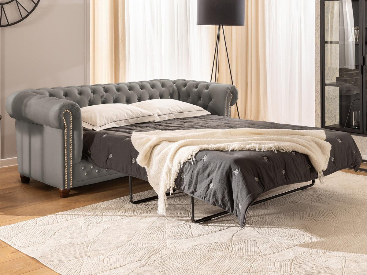 CHESTERFIELD-SOFA 3-Sitzer mit Schlaffunktion Cleo Blink Grau Samt mit Kristallsteppung und braunen Massivholzfüßen - Braun/Grau, Holz/Textil (203/72/86cm) - S-Style