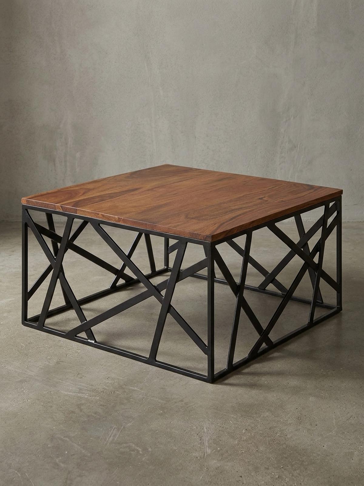 COUCHTISCH Industrial Stil, Sheesham Holz, Schwarzes Metallgestell, 60x60 cm - Schwarz/Braun, Holz/Metall (60/60/35cm) - KADIMA DESIGN