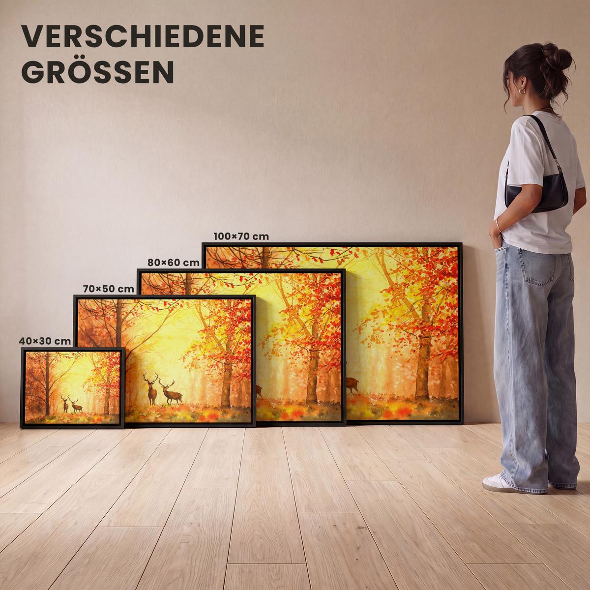 LEINWAND Bilder mit Rahmen - Natur - Ölfarbe - Hirsche - Tiere - Herbst - Orange - 70x50 - Orange, Textil (70/50cm) - MuchoWow