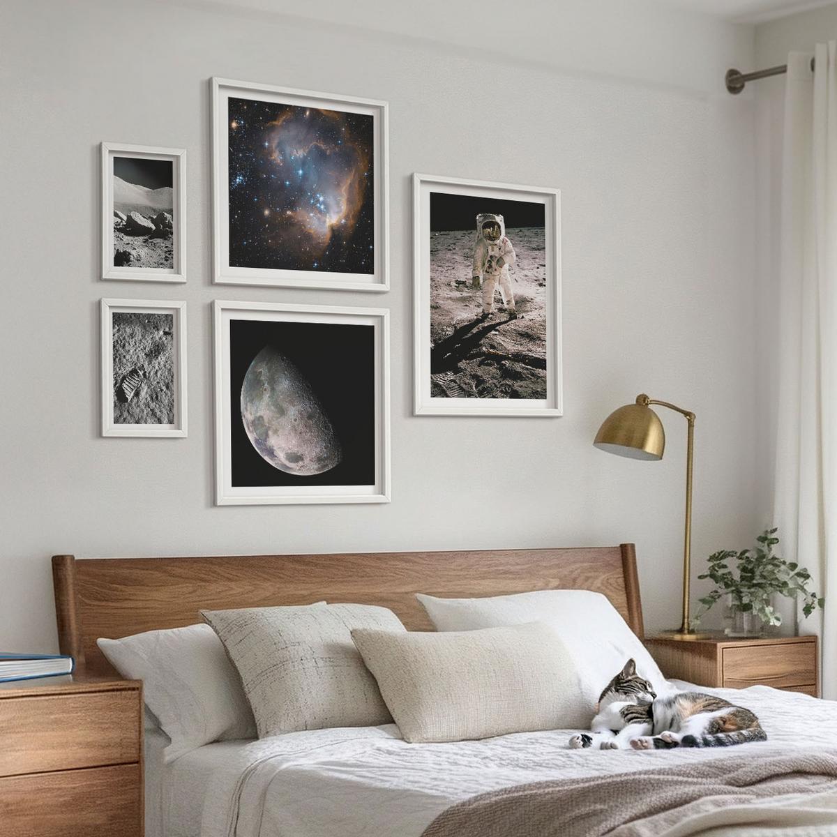 BILDER SET 5er Set - 50x50 cm & 20x30 cm & 40x60 cm Weißer Rahmen - Astronautenfoto vom Mond - Weiß, Kunststoff (40/60cm) - TULUP