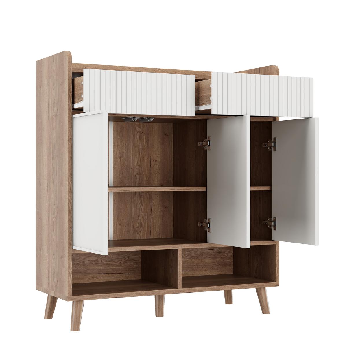 SCHUHSCHRANK weiß & holzoptik, 3 türen & 2 schubladen mit rillendesign - Naturfarben, Holzwerkstoff (90/100/35cm) - Urban Meuble