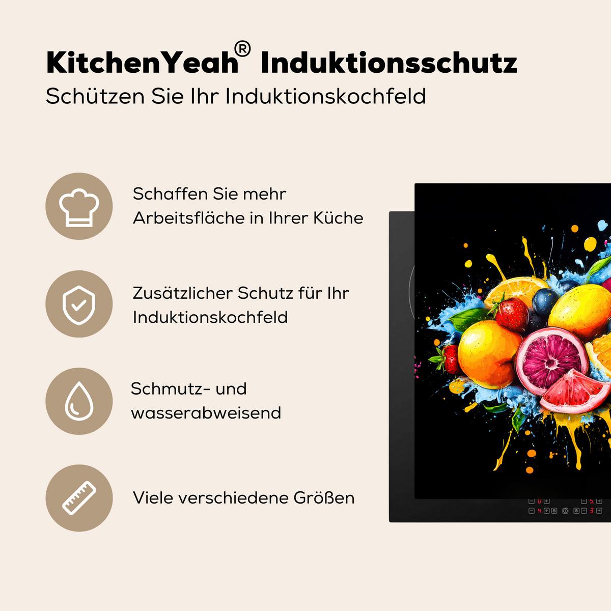 HERDABDECKPLATTE Obst - Graffiti - Bunt - Orange - Erdbeere - Abstrakt Induktionsmatte 78x78 cm - Orange, Kunststoff (78/78/0.2cm) - MuchoWow