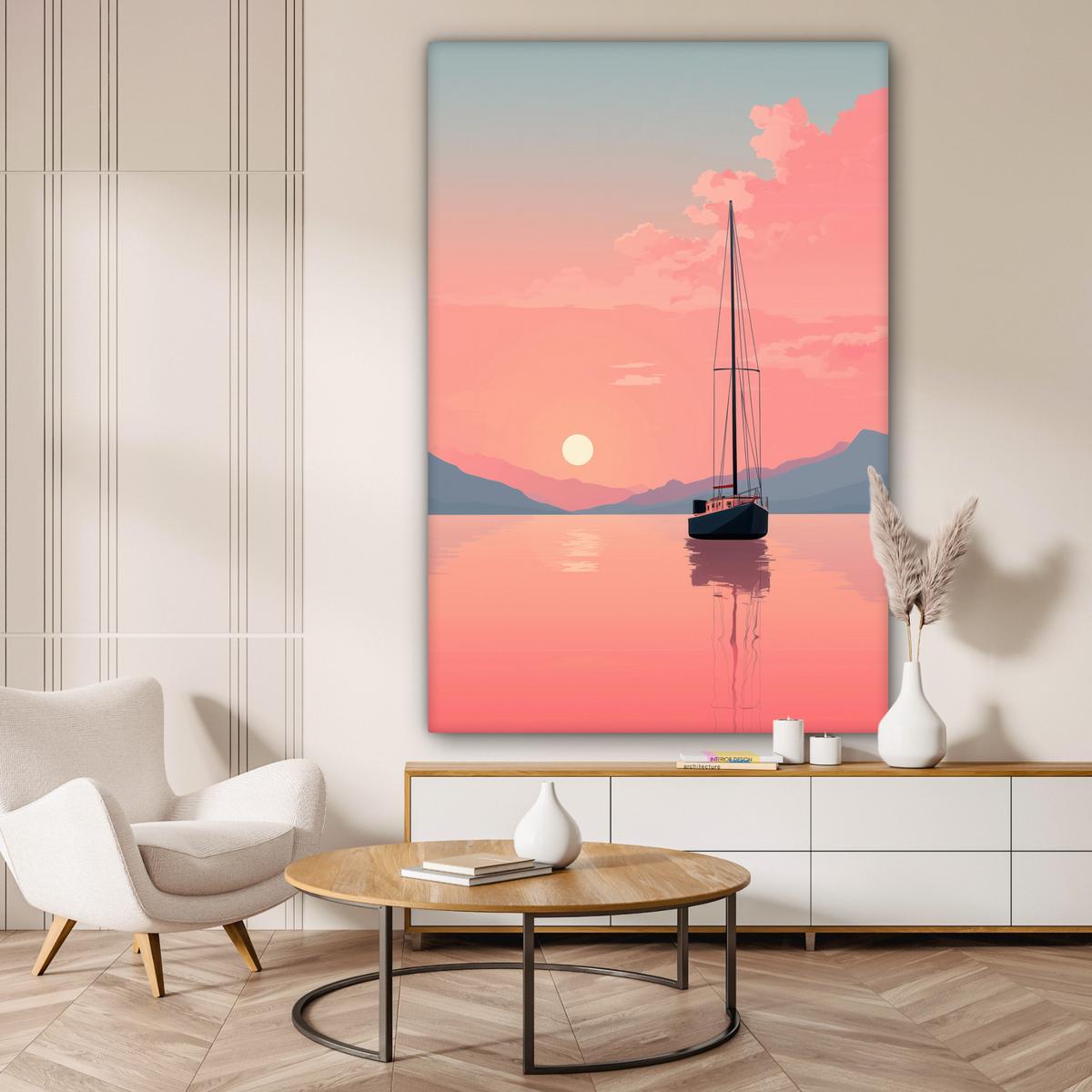 LEINWANDBILD Segelboot - Rosa Meer - Sonnenuntergang - Berge Deko Groß 90x140 cm - Rosa, Textil (90/140cm) - MuchoWow