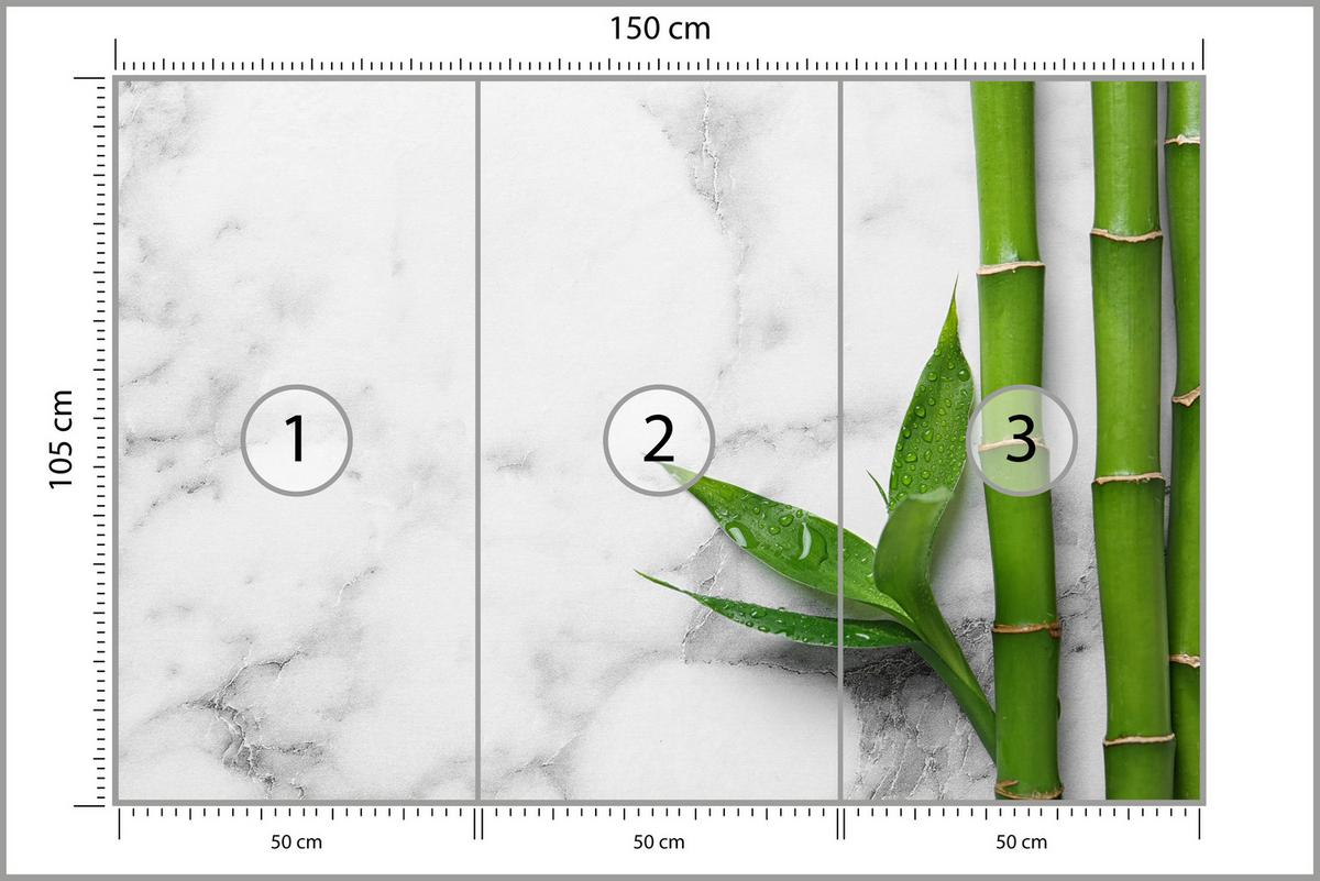 FOTOTAPETE für Küche Bambusblätter Grauer Marmor Exotisch Elegant 150x105 - Weiß/Grau, Papier (150/105cm) - Muralo
