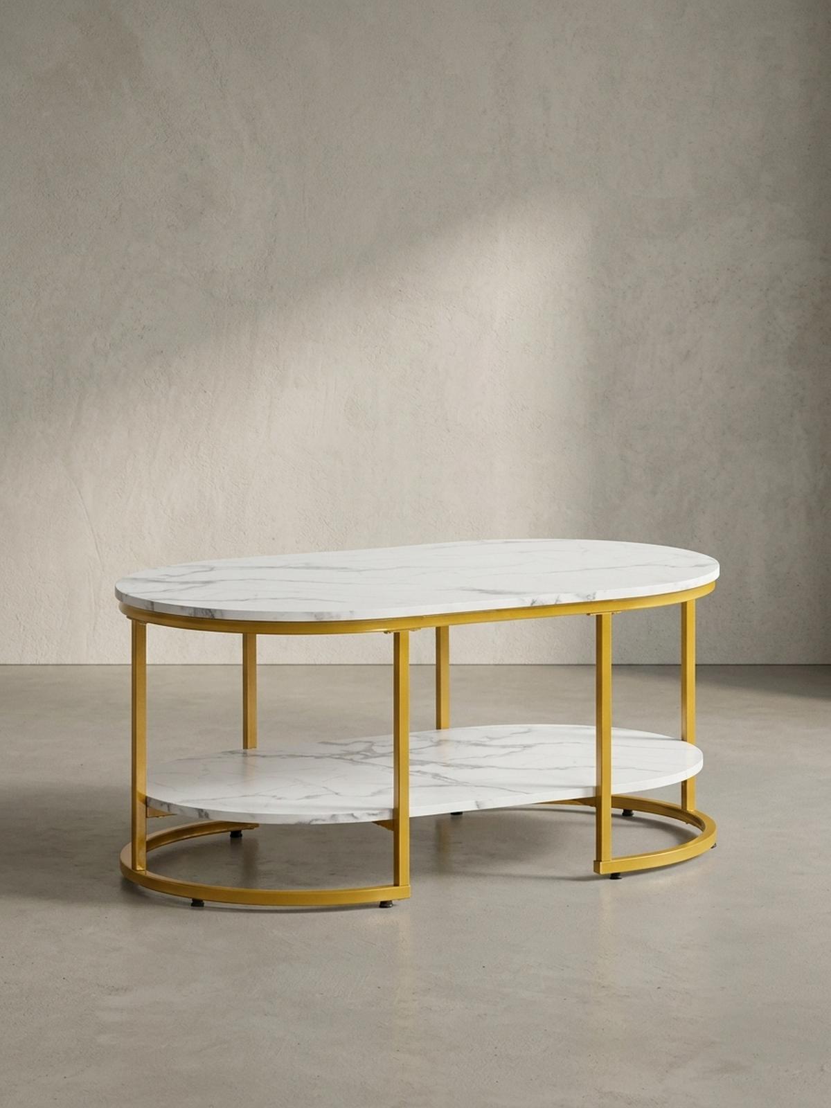 COUCHTISCH mit Marmor Optik, rechteckig, Ablage, goldenes Metallgestell, Weiß 100x60x45 cm - Goldfarben/Weiß, Holzwerkstoff/Metall (60/100/45cm) - KADIMA DESIGN