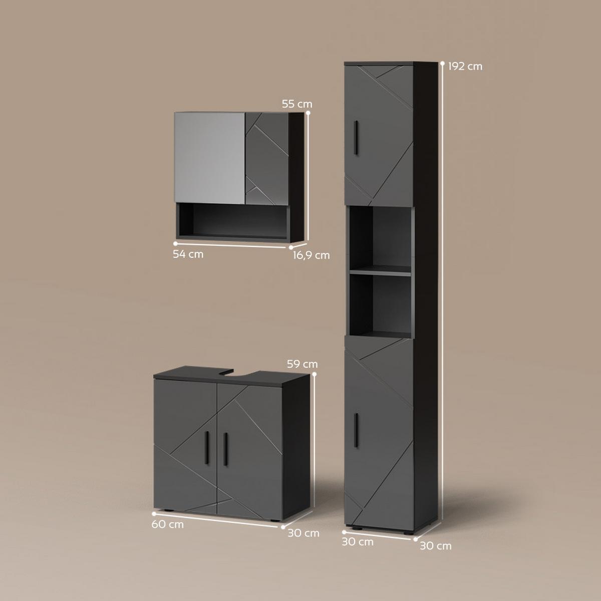 BADMÖBEL-SET Ronco Anthrazit Hochglanz 3 Teile, mit Hochschrank - Schwarz Hochglanz, Holzwerkstoff (60/192/30cm) - Livinity®