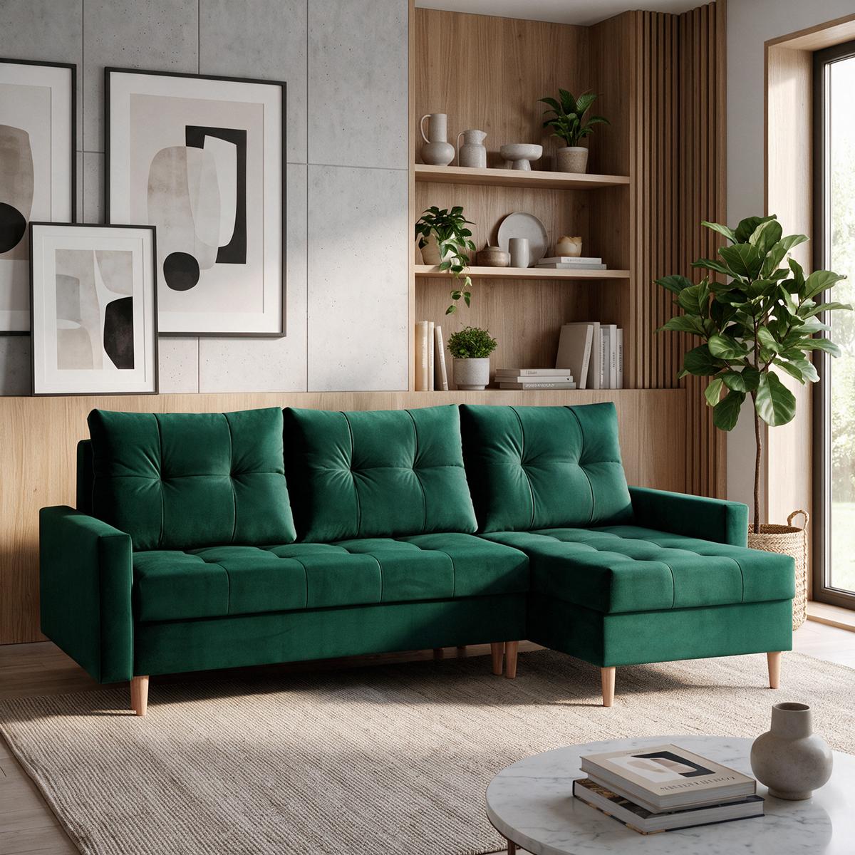 ECKSCHLAFSOFA Halant mit Bettkasten, universelle Ottomane, Veloursstoff, Dunkelgrün - Dunkelgrün, Textil (220/140cm) - Beautysofa