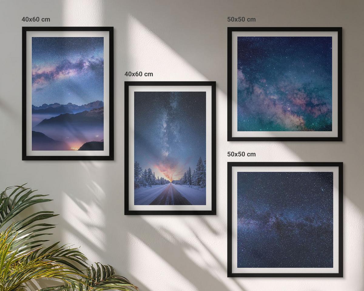 BILDER SET 4er Set - 50x50 cm & 40x60 cm Schwarzer Rahmen - Nachthimmel, Berge, Winter, Weltraum - Schwarz, Kunststoff (50/50cm) - TULUP