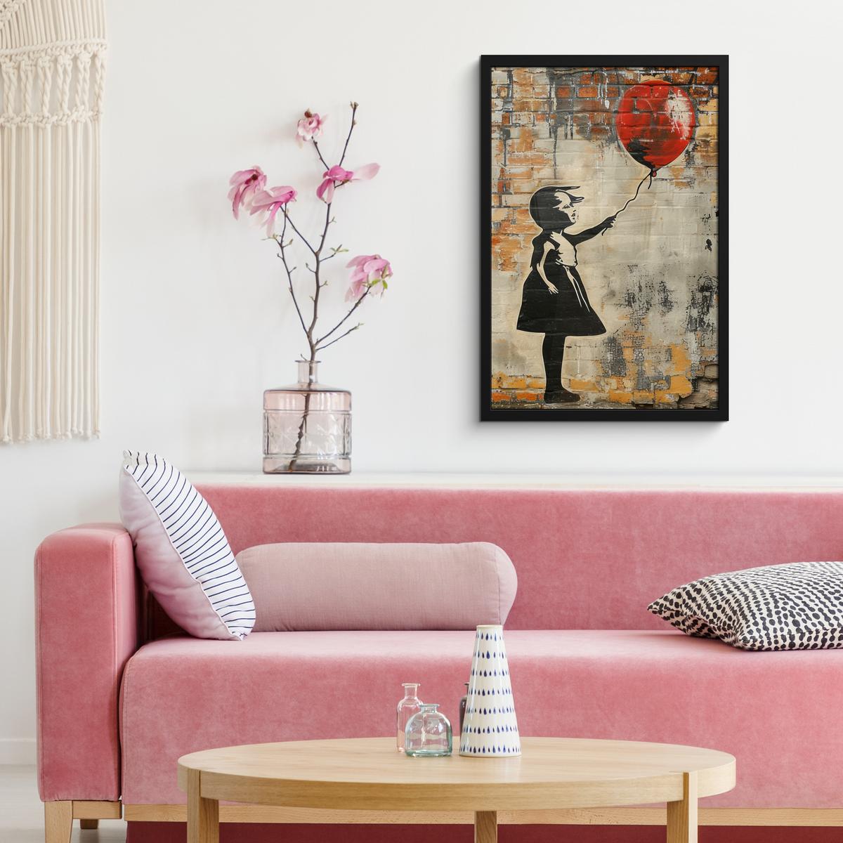 POSTER MIT RAHMEN Graffiti - Banksy - Mädchen - Straßenkunst Bilder mit Rahmen 40x60 cm - Sandfarben, Papier (40/60cm) - MuchoWow