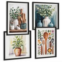 BILDER SET 4er Set - 50x50 cm & 40x60 cm Schwarzer Rahmen - Küchenaccessoires auf pflanzlicher Basis - Schwarz, Kunststoff (50/50cm) - TULUP