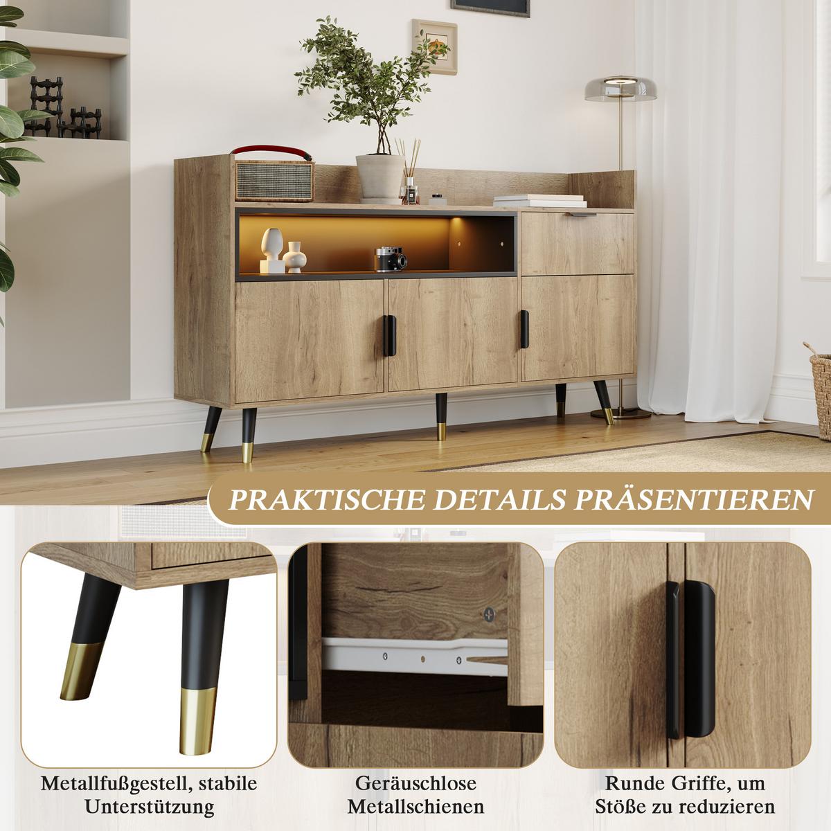 SIDEBOARD 160 cm Naturholz & Schwarz mit offenem Regal, Schublade & Türen im modernen Stil - Naturfarben, Holzwerkstoff (160/82/35cm) - Urban Meuble