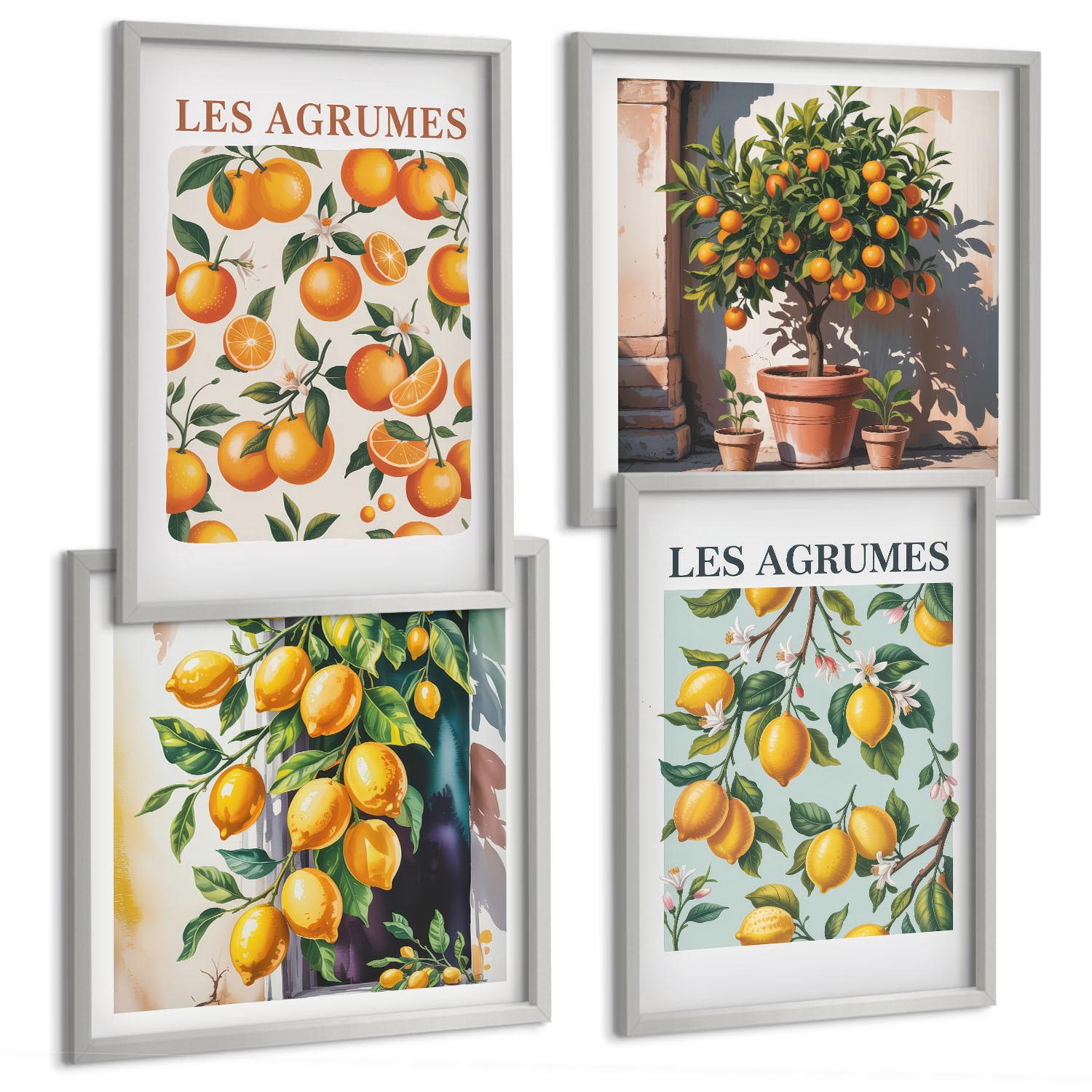 BILDER SET 4er Set - 50x50 cm & 40x60 cm Silberner Rahmen - Fruchtige Zitrusmuster - Silberfarben, Kunststoff (50/50cm) - TULUP