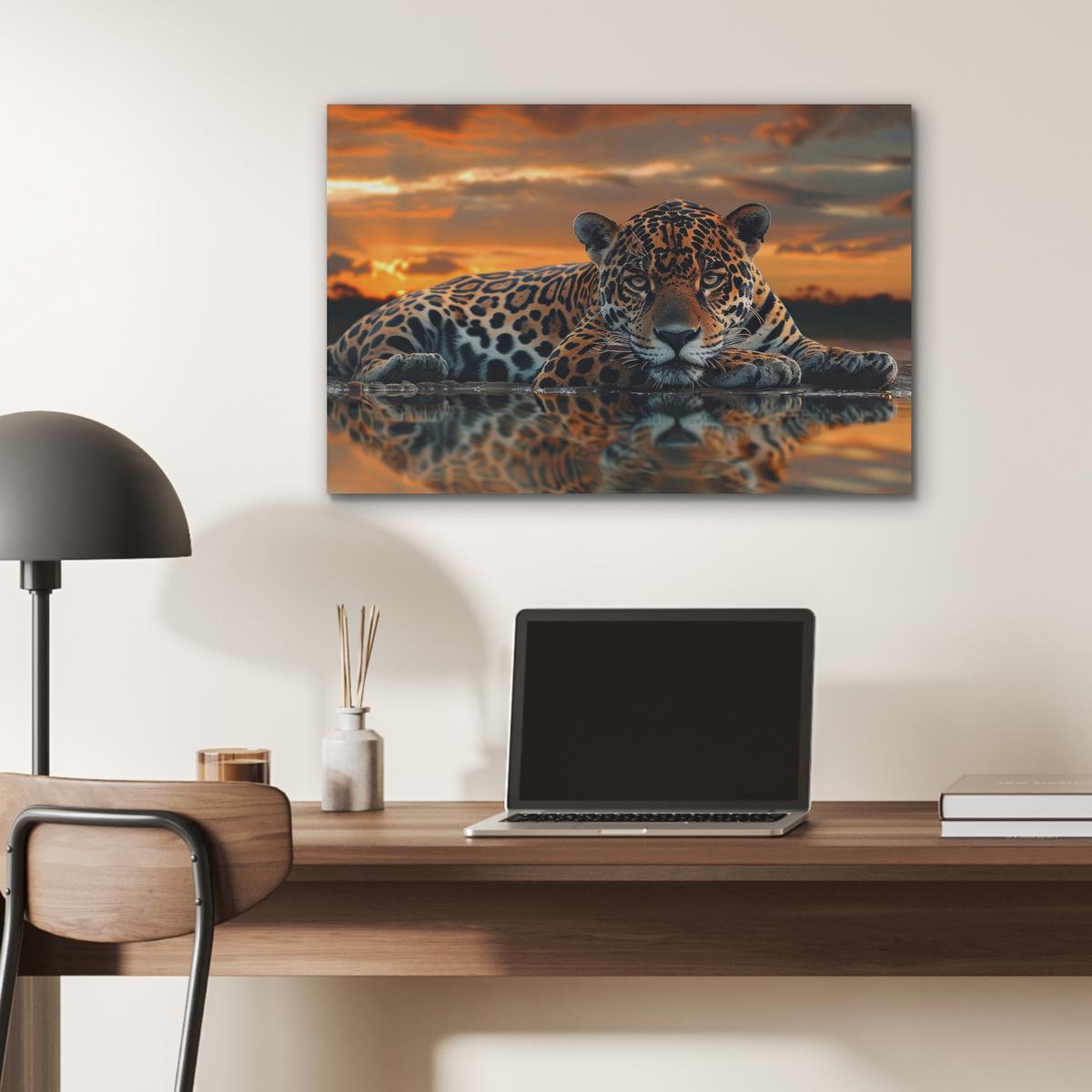AKUSTIKBILD Natur - Leopard - Tier - Sonnenuntergang - Modern Wanddeko 70x50 cm - Orange, Kunststoff (70/50/0.9cm) - MuchoWow