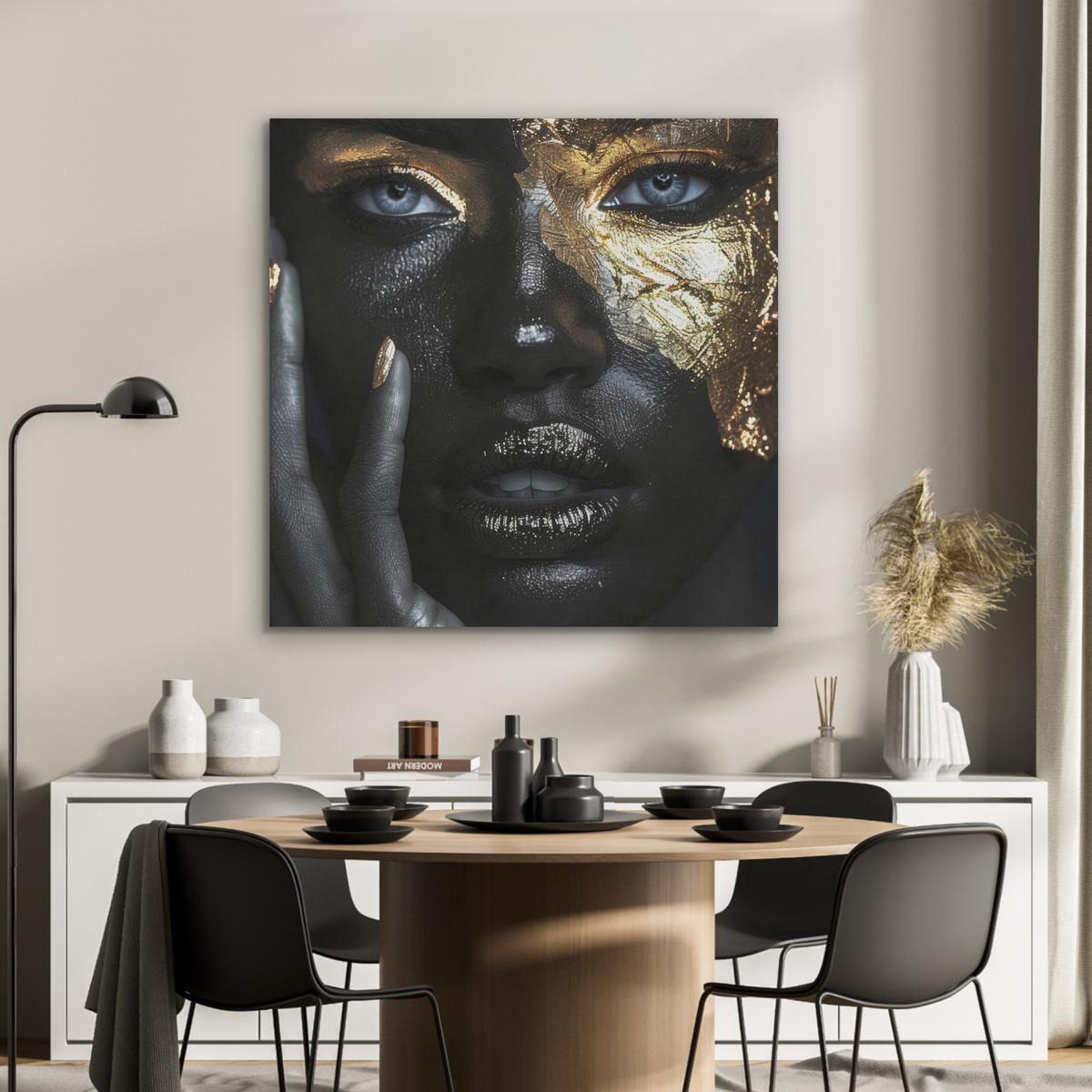 AKUSTIKBILD Frau - Gold - Porträt - Schwarz-Weiß - Luxus Akustikpaneele 90x90 cm - Hellblau, Kunststoff (90/90/0.9cm) - MuchoWow