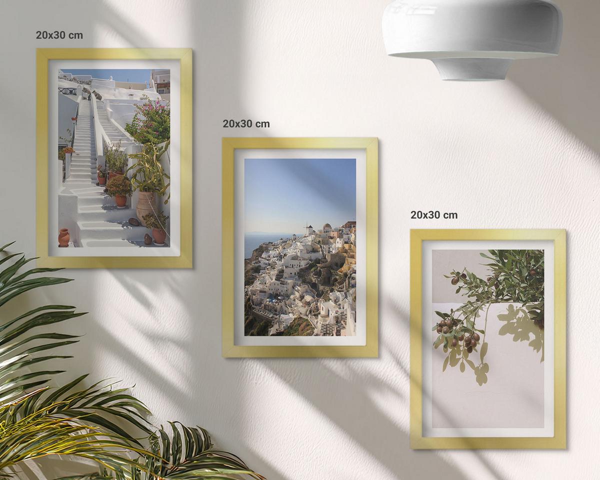 BILDER SET 3er Set - 20x30 cm Goldrahmen - Weiße Treppe mit Blick auf Santorini - Goldfarben, Kunststoff (20/30cm) - TULUP