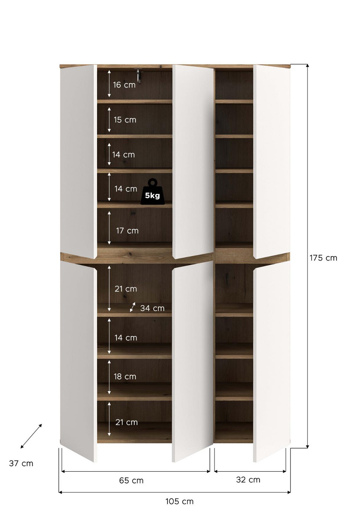 MEHRZWECKSCHRANK Weiß und Evoke Eiche 105 x 175 cm, Stauraumschrank 6-türig mit 18 Fächern - Eichefarben/Schwarz, Holzwerkstoff/Kunststoff (105/175/37cm) - Inn.Furn