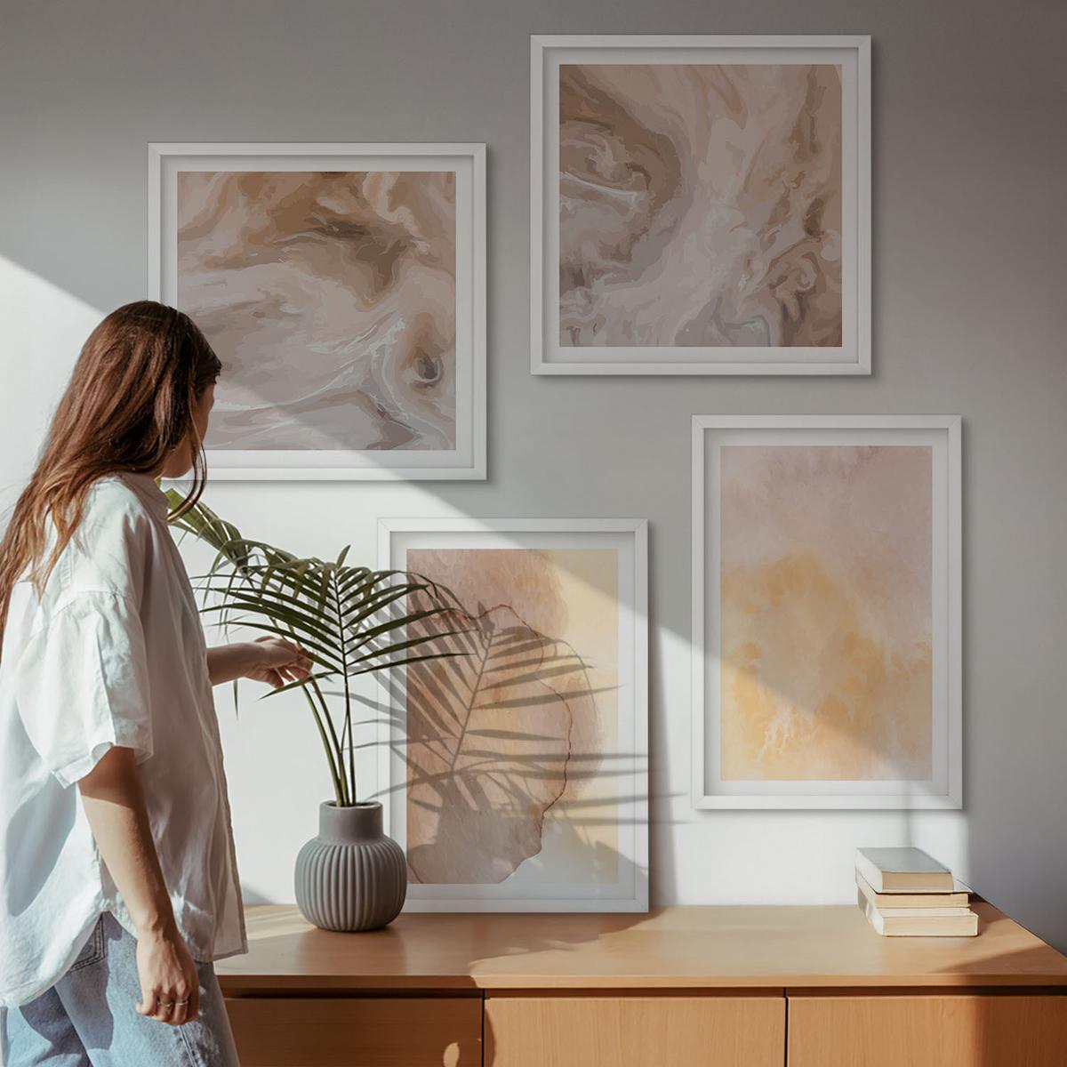 BILDER SET 4er Set - 50x50 cm & 40x60 cm Weißer Rahmen - Warme Aquarellfarben auf Leinwand - Weiß, Kunststoff (50/50cm) - TULUP