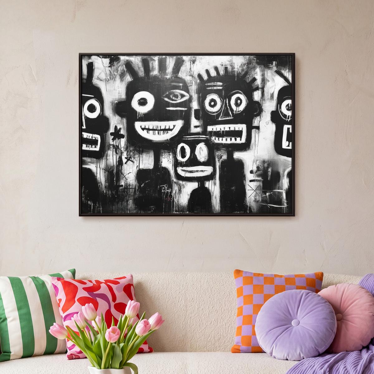 LEINWAND Bilder mit Rahmen - Malerei - Figuren - Schwarz - Abstrakt - 70x50 - Schwarz, Textil (70/50cm) - MuchoWow