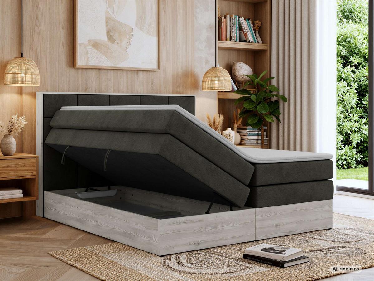 BOXSPRINGBETT ALNOR KING 160/200 - Dunkelgrau Velvet - Topper Visco - H4 - Dunkelgrau/Anthrazit, Kunststoff/Textil (160/200cm) - MKS