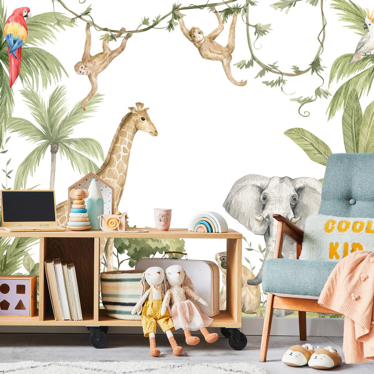 FOTOTAPETE für Kinderzimmer Dschungel Tiere Giraffe Elefant Palmen 200x140 - Beige/Rot, Papier (200/140cm) - Muralo