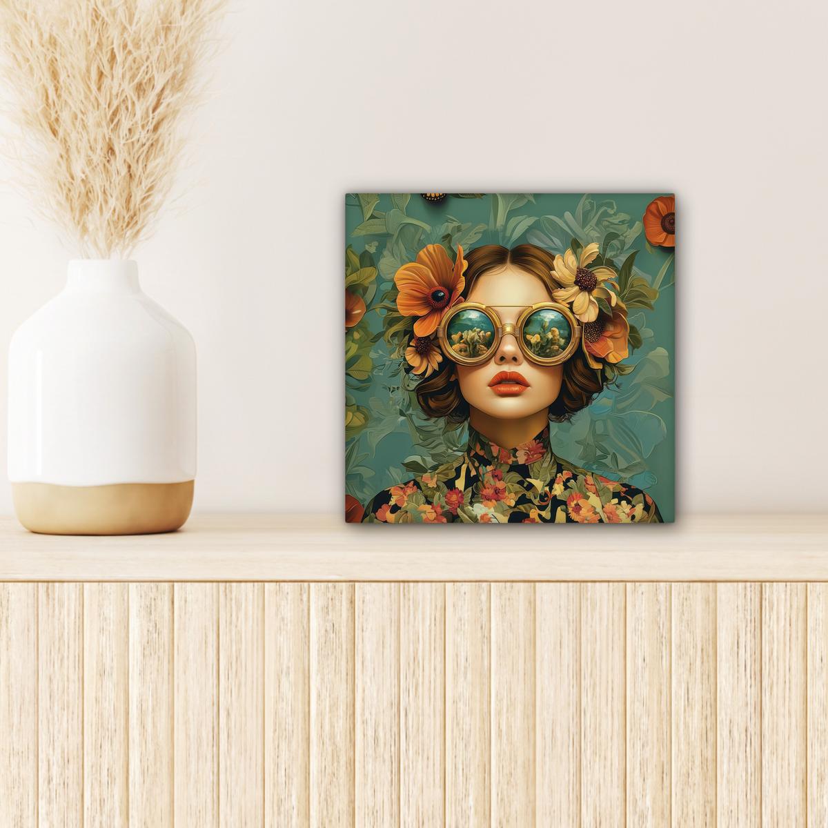 LEINWANDBILD Frau - Blumen - Schmetterlinge - Natur - Vintage Deko Wohnzimmer 20x20 cm - Salbeigrün, Textil (20/20cm) - MuchoWow
