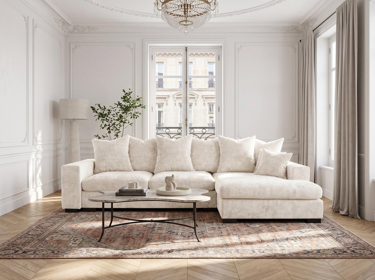 ECKSOFA Dahlia mit Schlaffunktion und Bettkasten in L-Form Rechts - Creme Chenille 285/92/155 cm - Creme/Schwarz, Kunststoff/Textil (155/285cm) - WFL GROUP