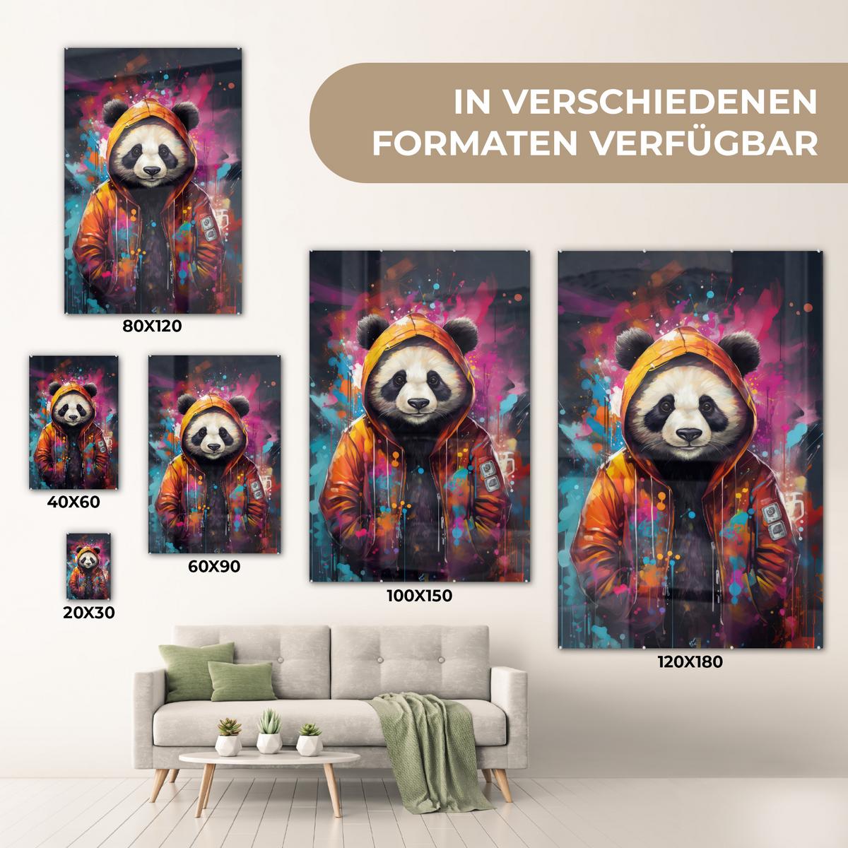 ACRYLGLASBILD Panda - Jacke - Graffiti - Orange 80x120 cm - Orange, Glas (80/120cm) - MuchoWow